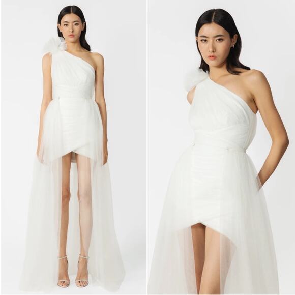 SAU LEE Sidney One Shoulder Ruched Tulle Mini Dress with Detachable Train Sz 2 - Picture 1 of 11